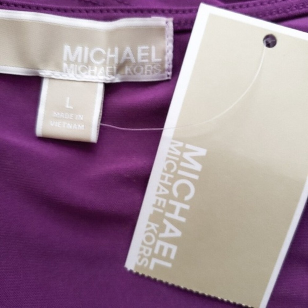 NWT Michael Kors Purple Gold Asymmetrical Ruched Zipper Cocktail Dress- Large, L - Picture 7 of 7